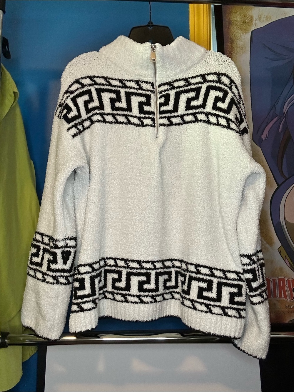 Elan White & Black Fuzzy Knit Half-Zip Sweater Pullover Size M